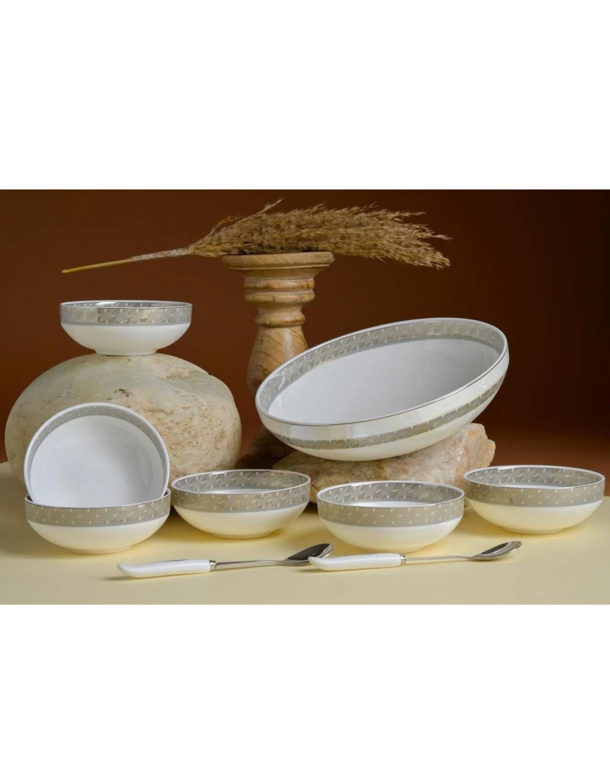 Premsons® Set of 6 White Serving Bowls with Champagne Gold Patterned Borders and 1 Large Serving Bowl