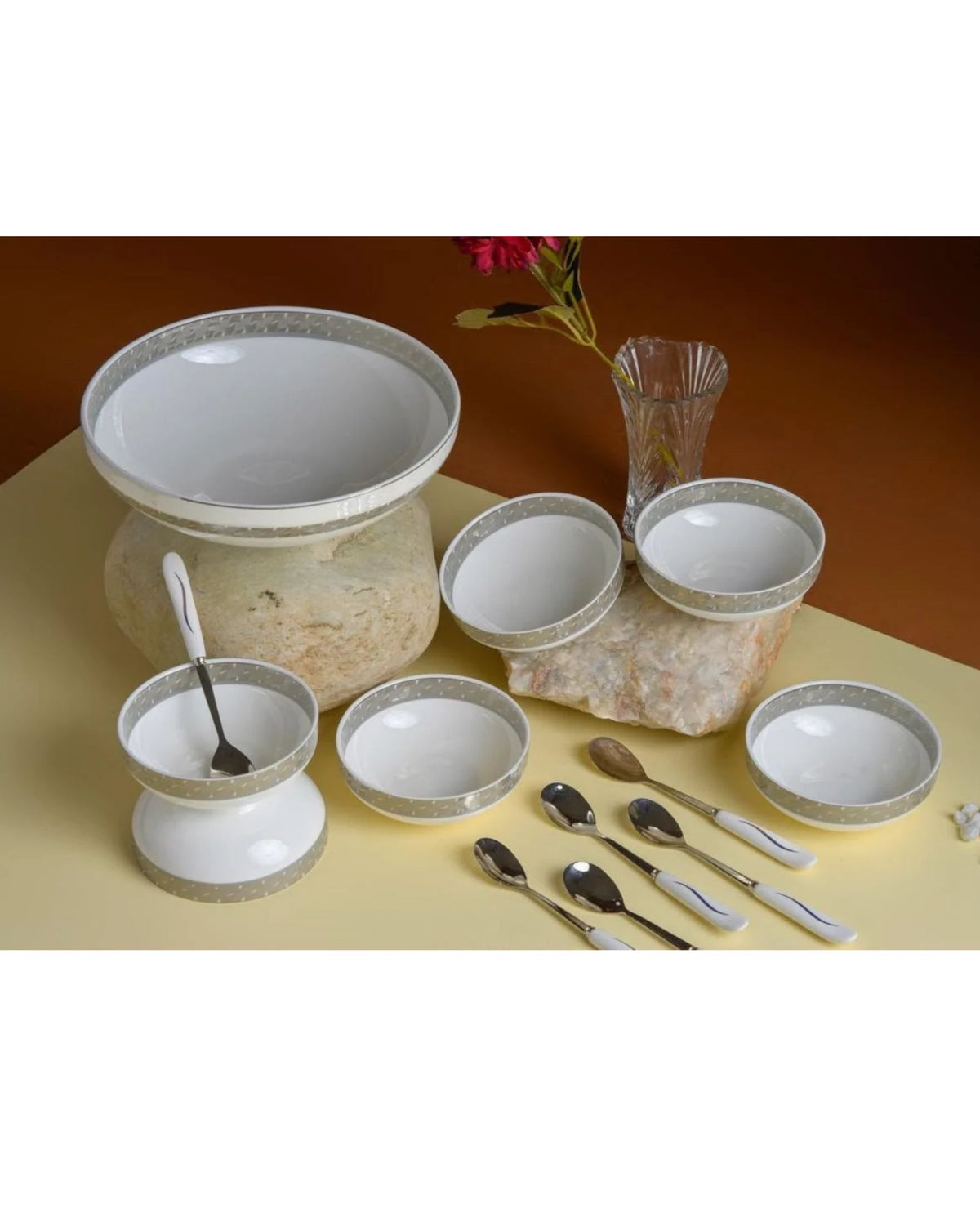 Premsons® Set of 6 White Serving Bowls with Champagne Gold Patterned Borders and 1 Large Serving Bowl