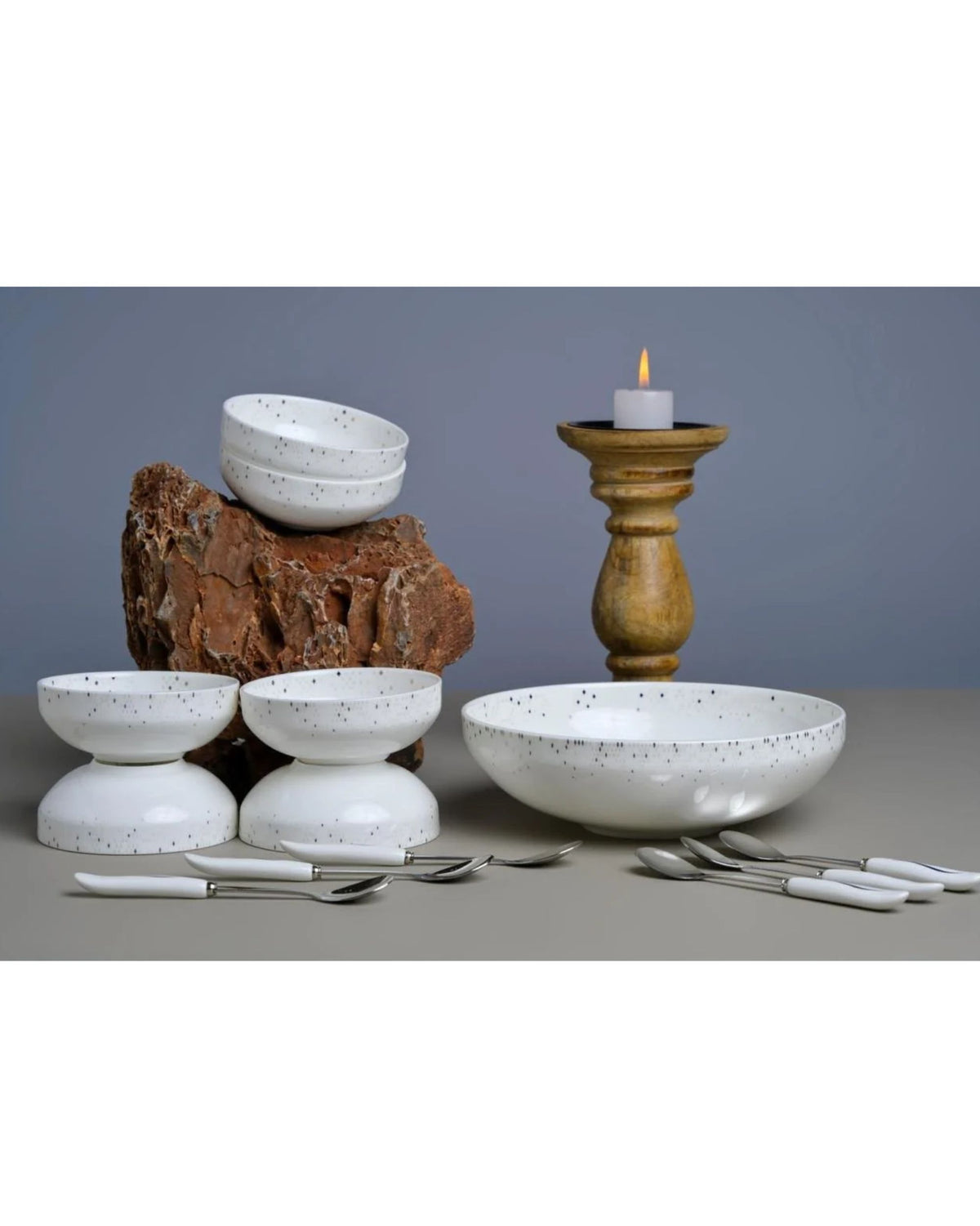 Premsons® Set of 6 White Speckled Ceramic Bowls with 1 Large Serving Bowl