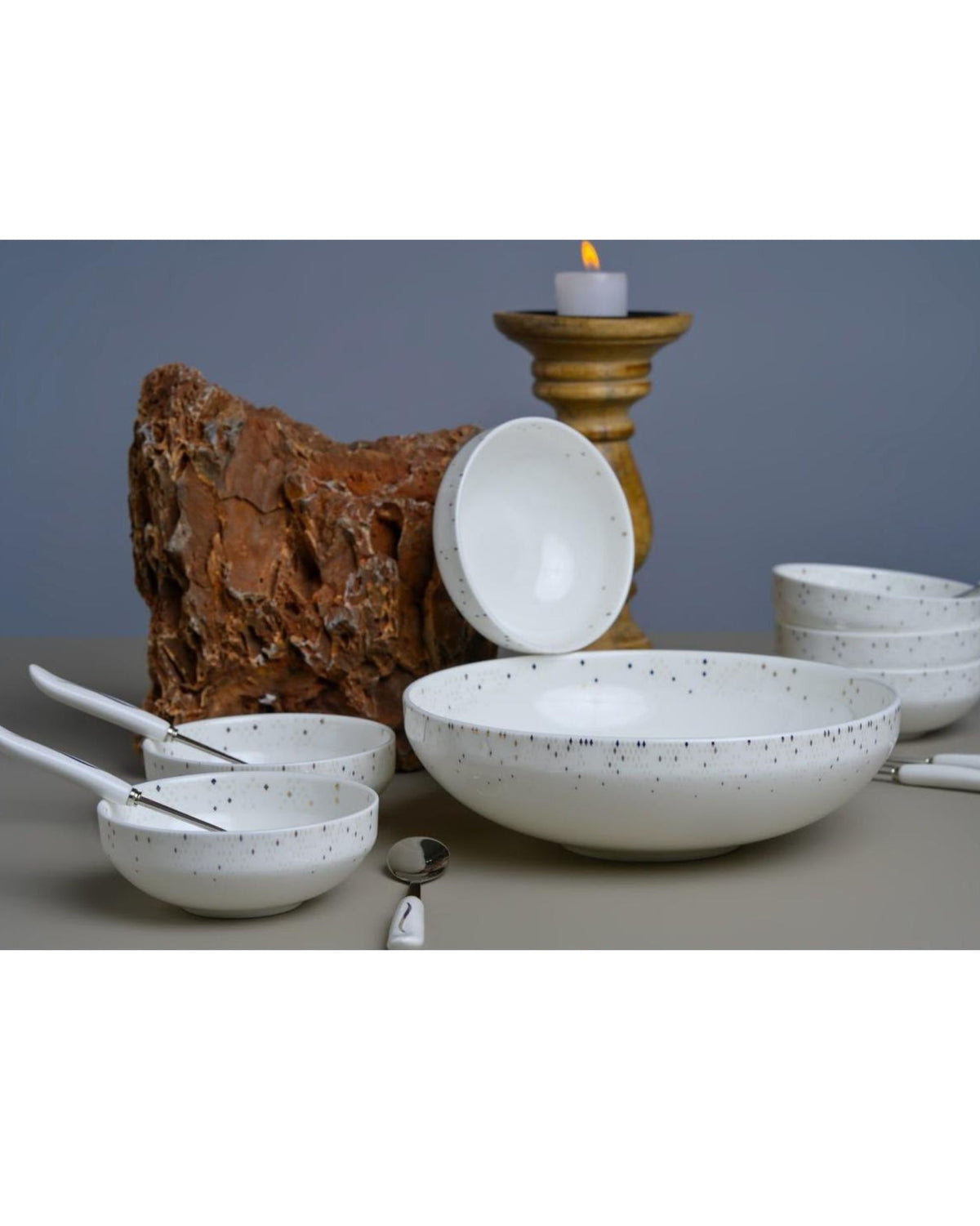 Premsons® Set of 6 White Speckled Ceramic Bowls with 1 Large Serving Bowl