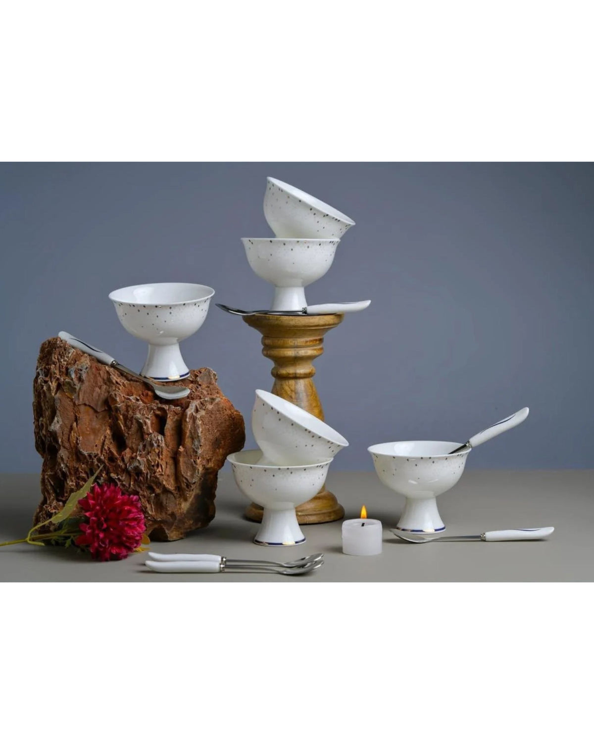 Premsons® Set of 6 White Speckled Footed Dessert Bowls with Blue and Gold Accents