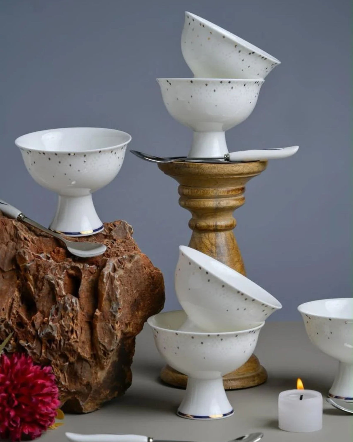 Premsons® Set of 6 White Speckled Footed Dessert Bowls with Blue and Gold Accents