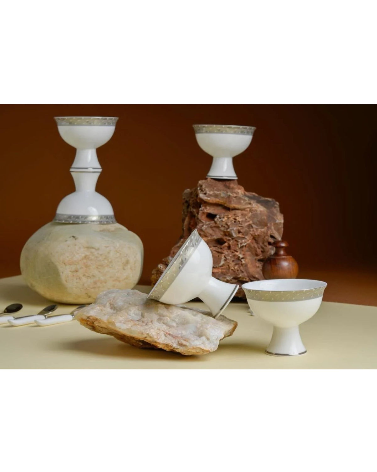 Premsons® Set of 6 White Footed Dessert Bowls with Champagne Gold Geometric Borders