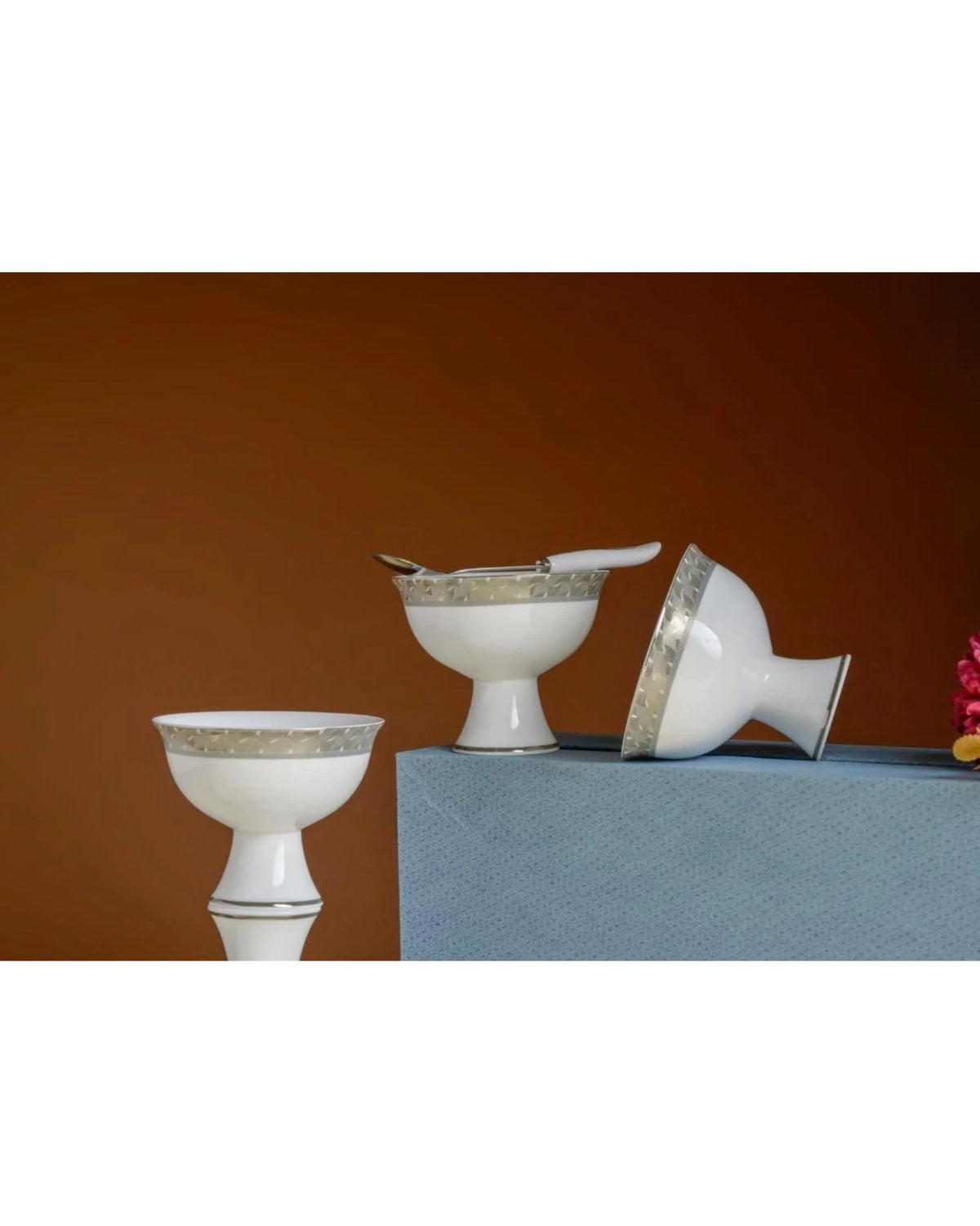 Premsons® Set of 6 White Footed Dessert Bowls with Champagne Gold Geometric Borders