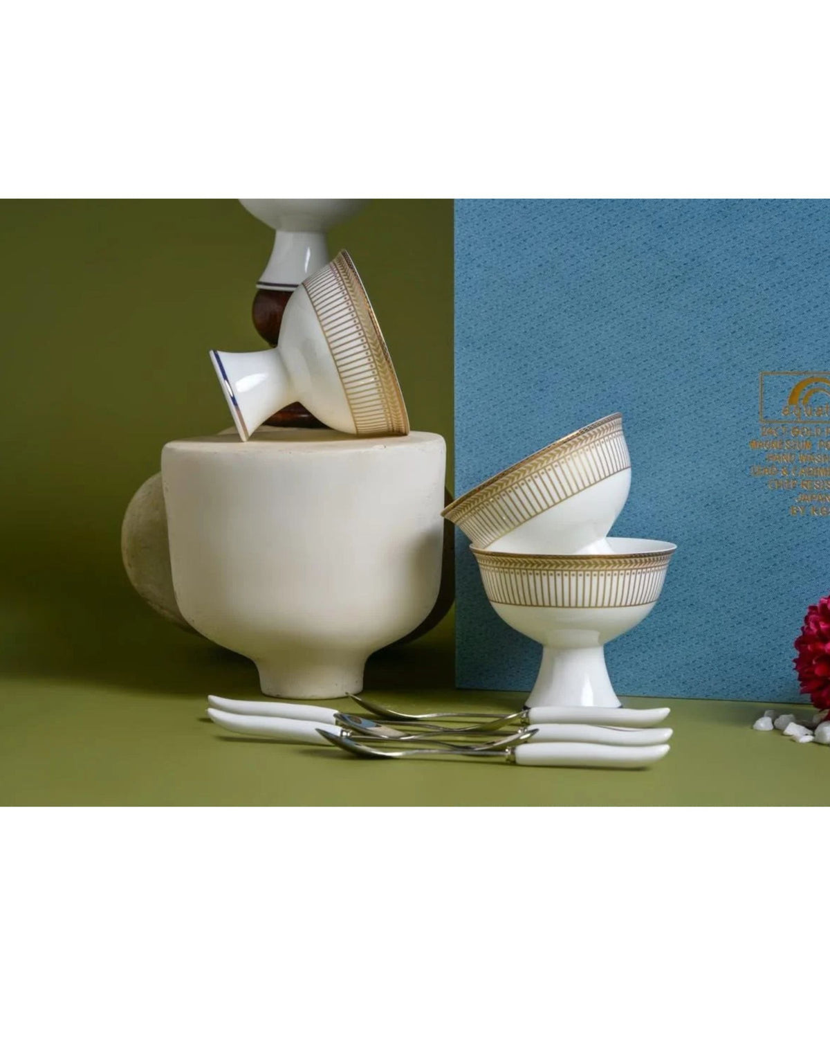 Premsons® Set of 6 White Porcelain Footed Dessert Bowls with Gold Geometric Borders