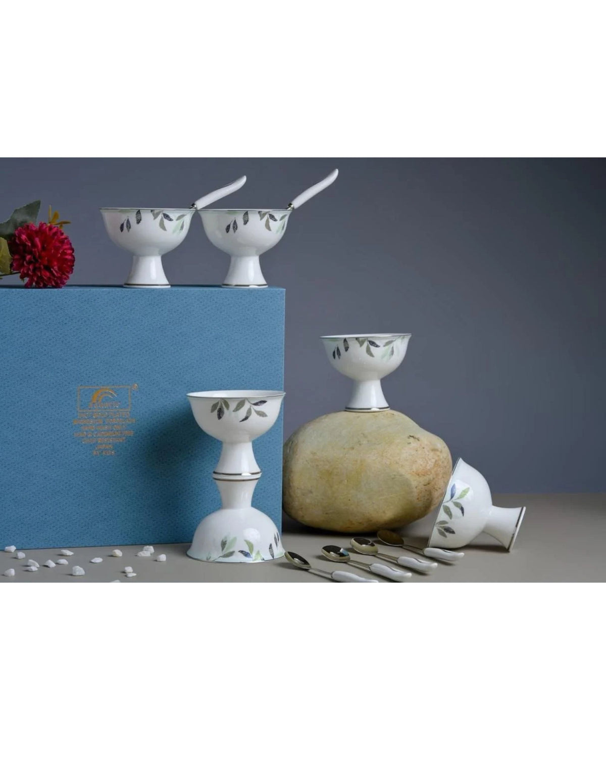 Premsons® Set of 6 White Porcelain Footed Dessert Bowls with Blue Green Botanical Leaf Design