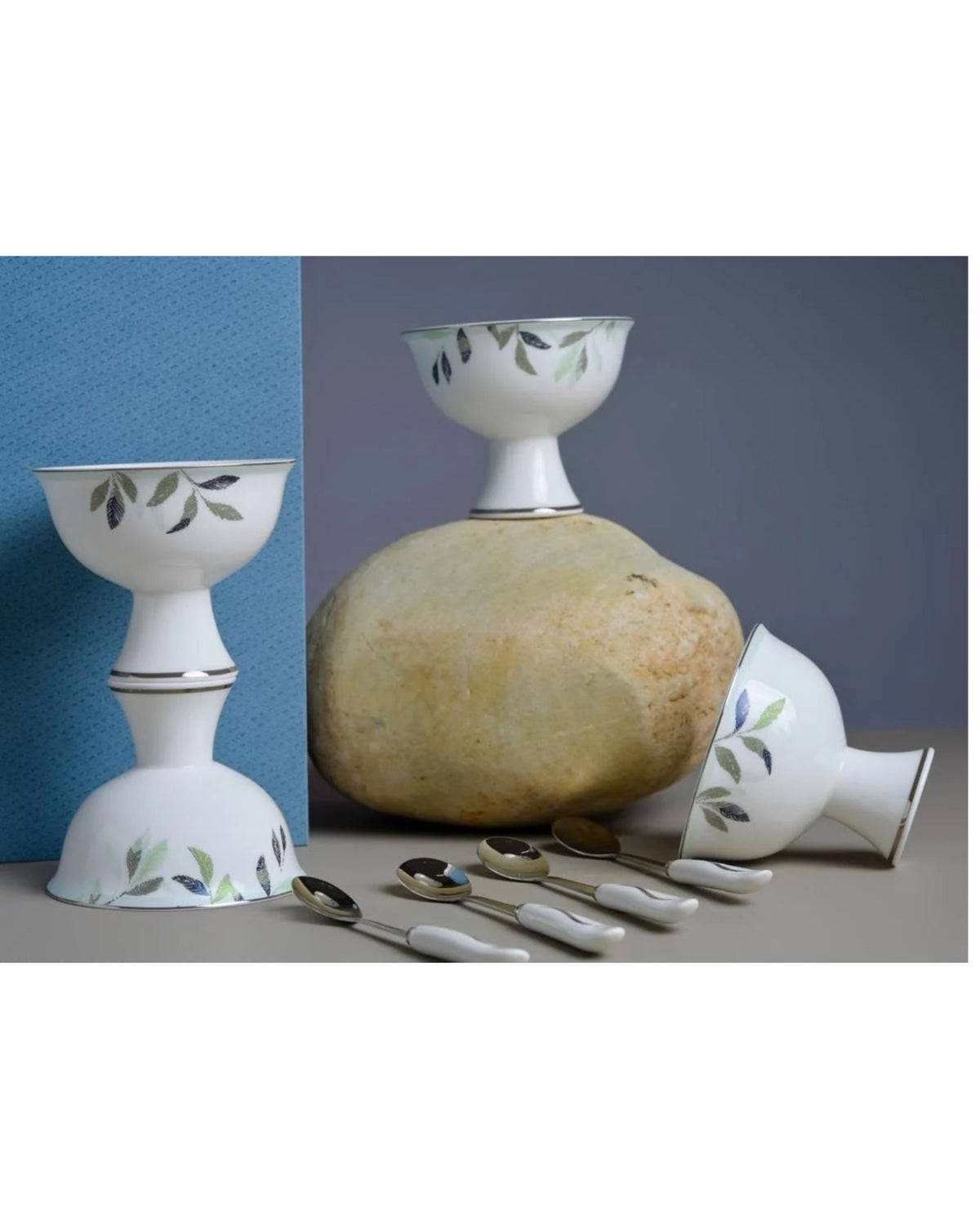 Premsons® Set of 6 White Porcelain Footed Dessert Bowls with Blue Green Botanical Leaf Design