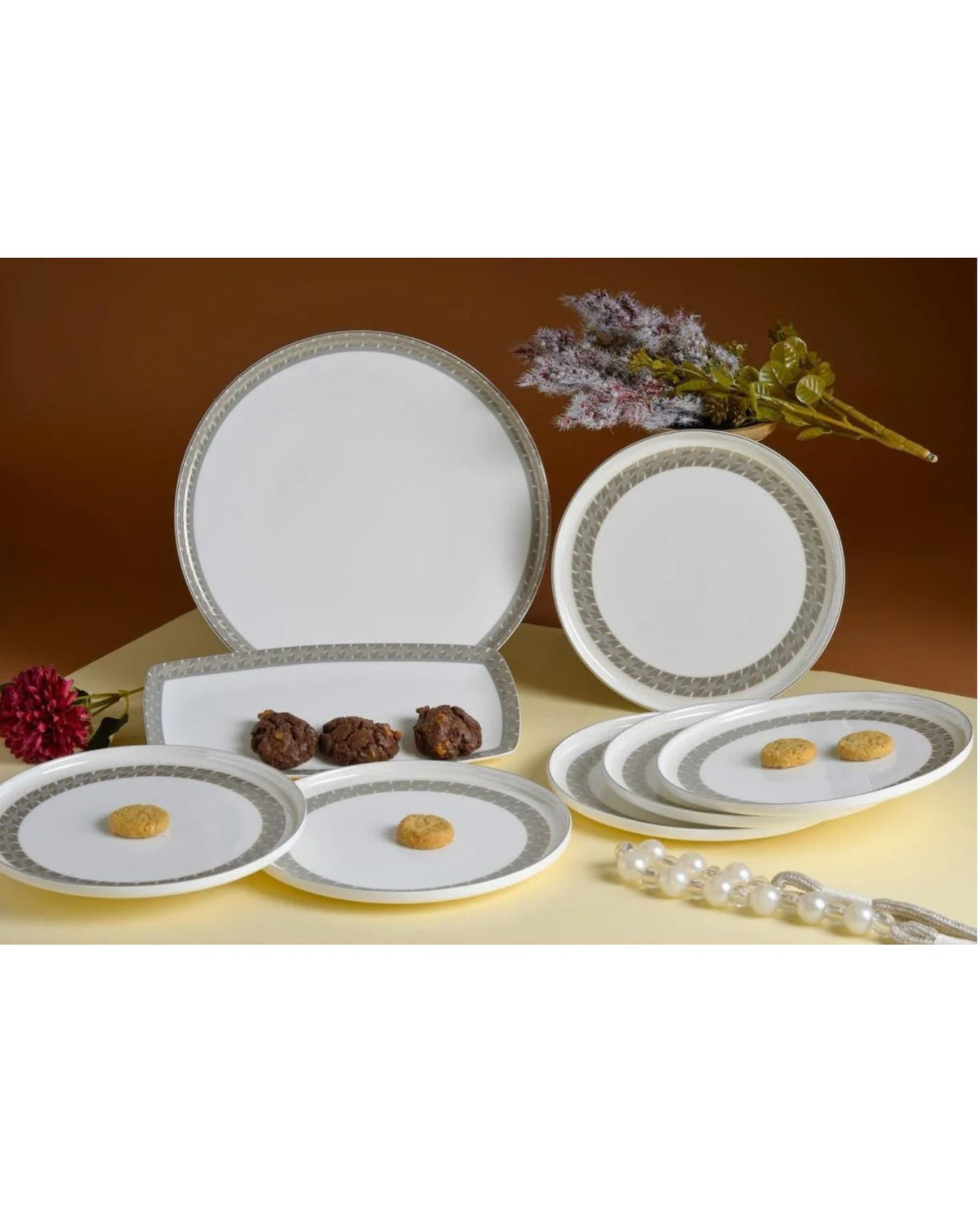 Premsons® White Ceramic Plate Set with Champagne Gold Geometric Borders and Rectangular Serving Platter