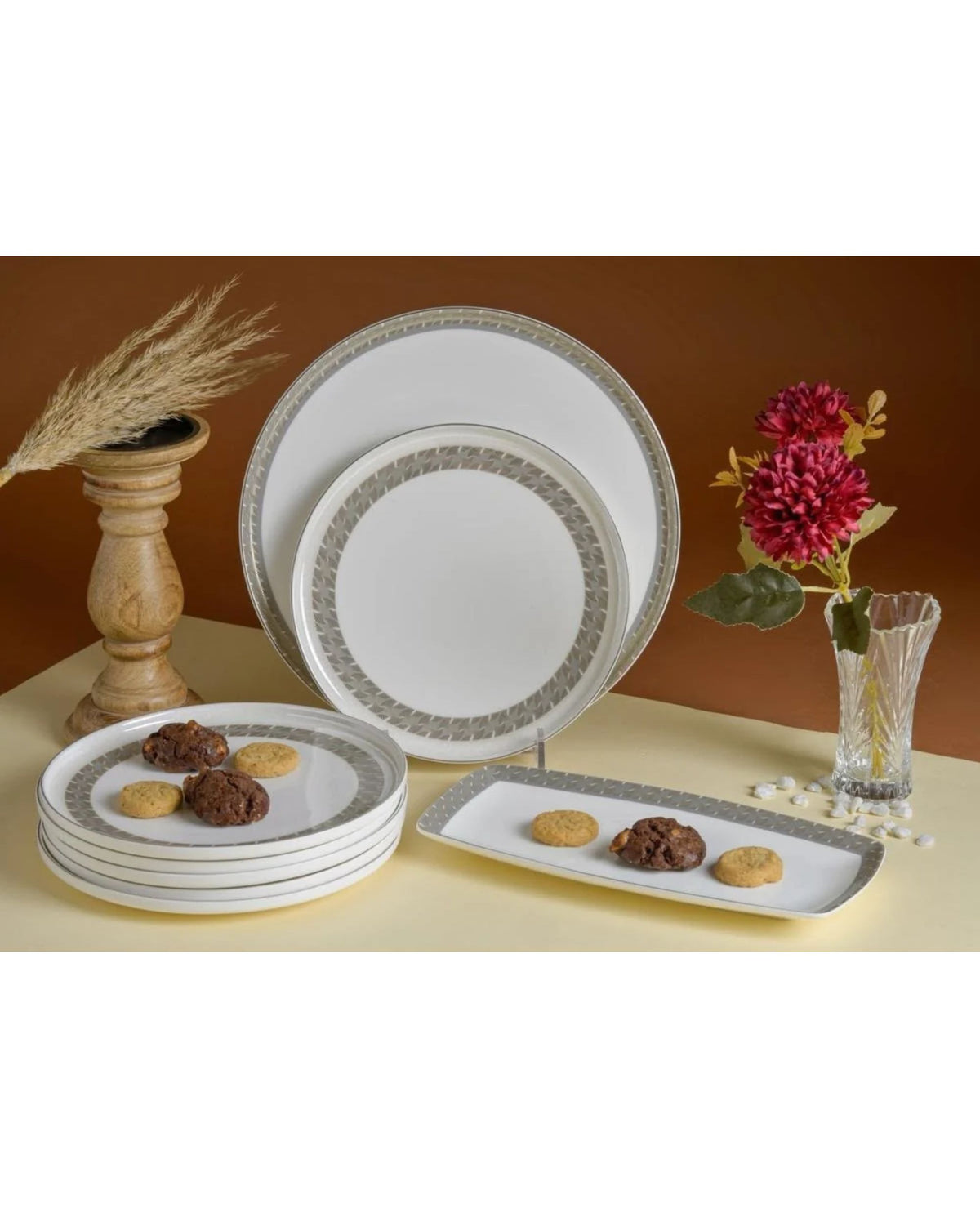 Premsons® white ceramic plates and rectangular serving platter with patterned gold rims