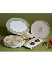 Premsons® Ceramic Plate Set with Sage Green Borders, Gold Sunburst Pattern and Rectangular Serving Platter