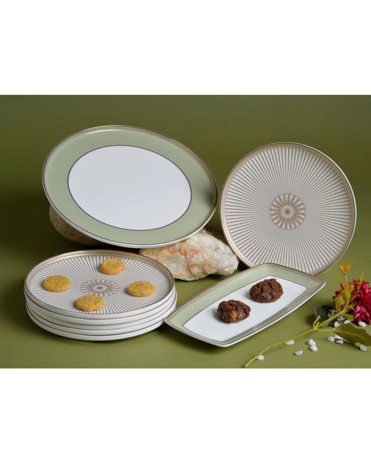 Premsons® Ceramic Plate Set with Sage Green Borders, Gold Sunburst Pattern and Rectangular Serving Platter