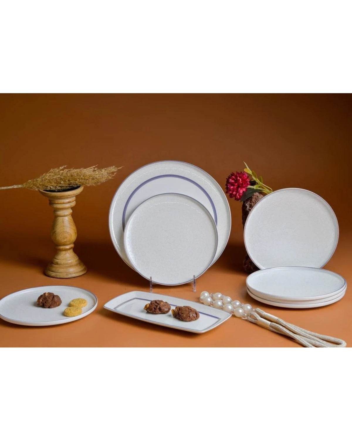Premsons® White Ceramic Dinner Plate Set with Blue Geometric Borders and Rectangular Serving Platter