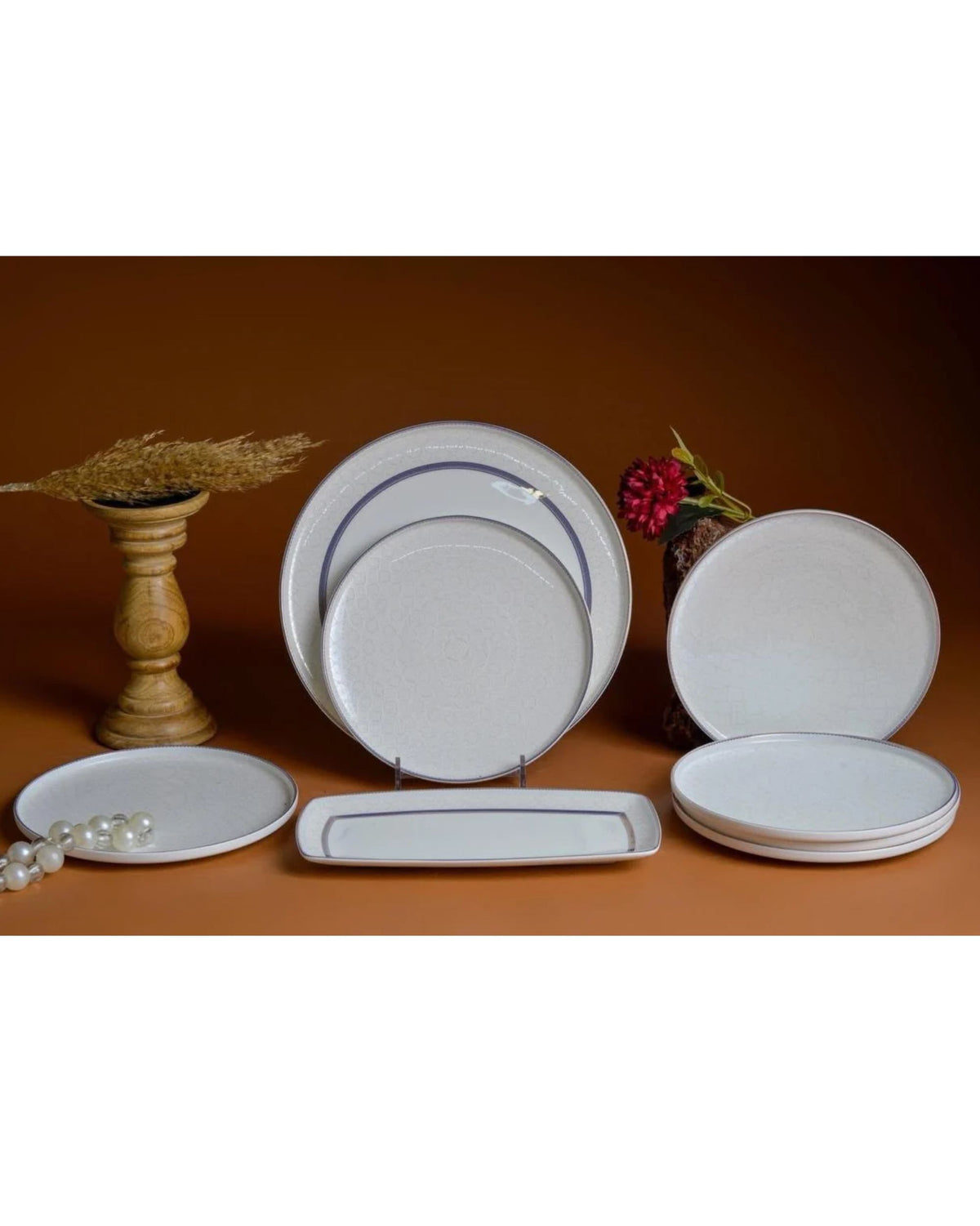 Premsons® White Ceramic Dinner Plate Set with Blue Geometric Borders and Rectangular Serving Platter
