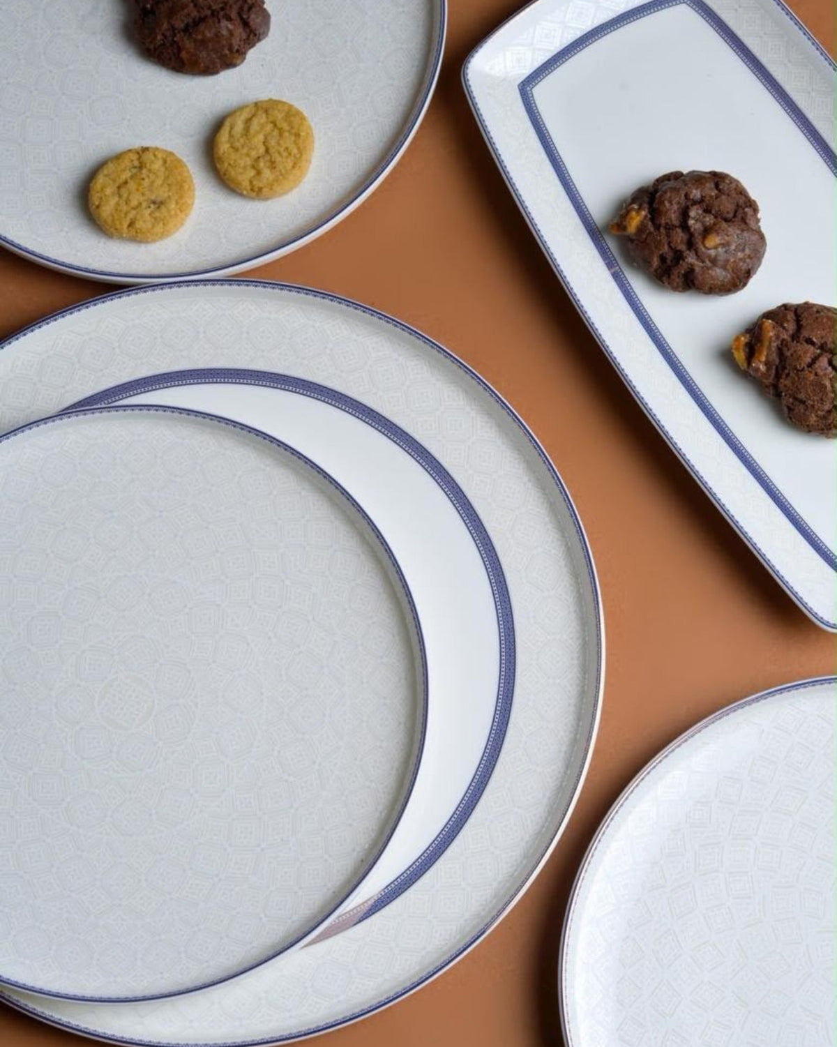 Premsons® White Ceramic Dinner Plate Set with Blue Geometric Borders and Rectangular Serving Platter