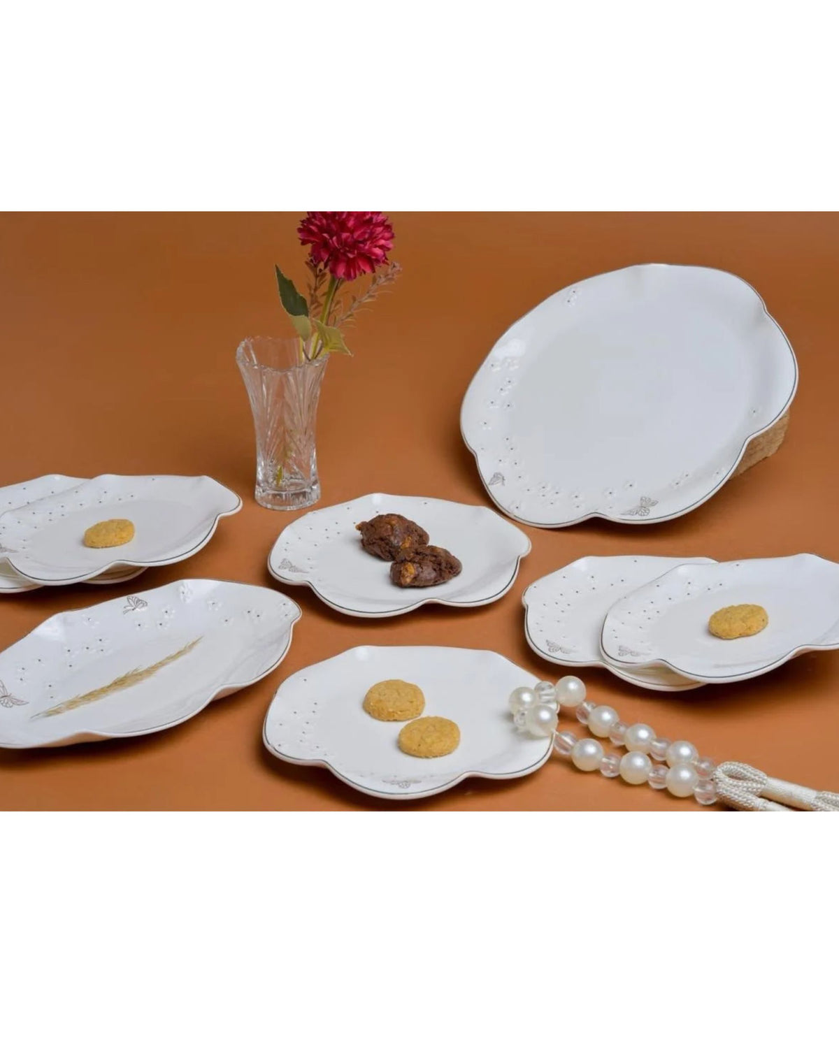 Premsons® Set of 6 White Ceramic Floral Plates with Raised Flower Details and Gold Accents