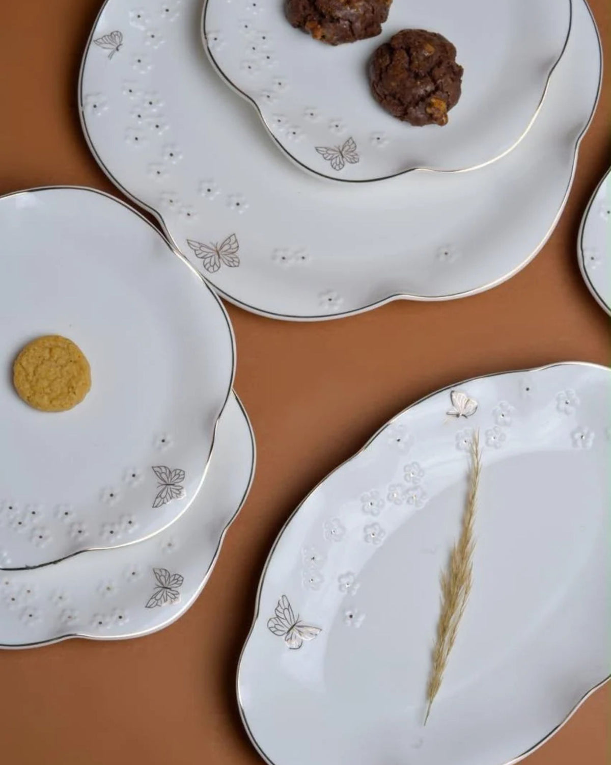 Premsons® Set of 6 White Ceramic Floral Plates with Raised Flower Details and Gold Accents