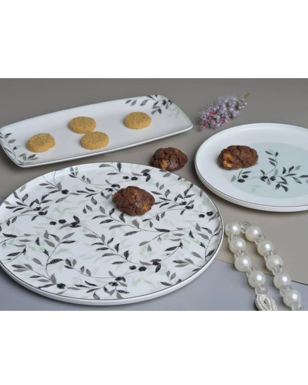 Premsons® Set of 4 Floral Ceramic Serving Plates, 3 Round and 1 Rectangular, Botanical Leaf Design