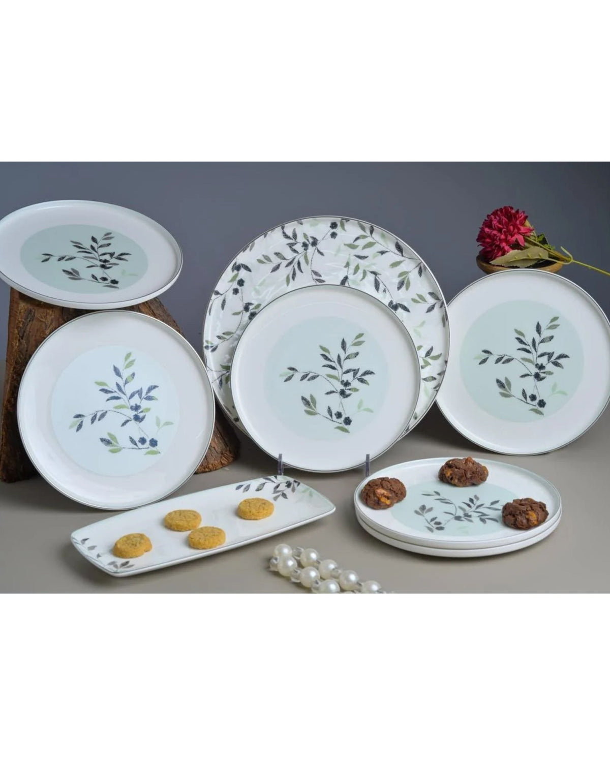 Premsons® Set of 4 Floral Ceramic Serving Plates, 3 Round and 1 Rectangular, Botanical Leaf Design