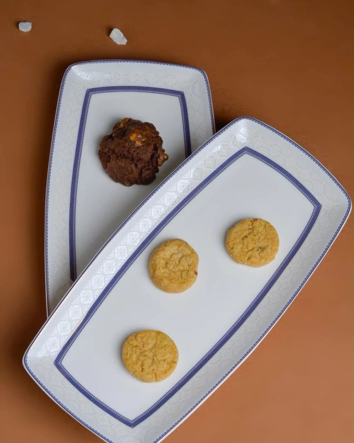 Premsons® Set of 2 Rectangular Ceramic Serving Plates with Blue Geometric Border