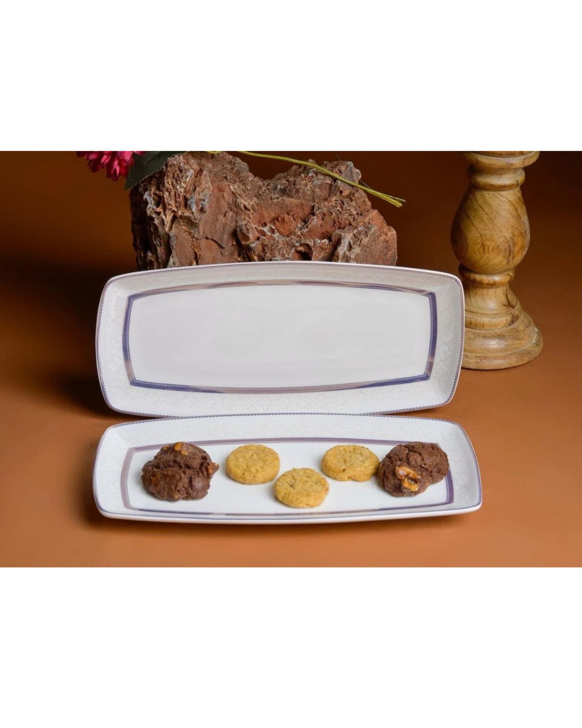 Premsons® Set of 2 Rectangular Ceramic Serving Plates with Blue Geometric Border