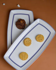 Premsons® Set of 2 Rectangular Ceramic Serving Plates with Blue Geometric Border
