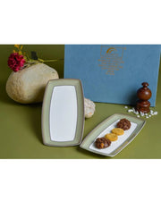 Premsons® set of two rectangular porcelain serving plates with sage green and gold borders