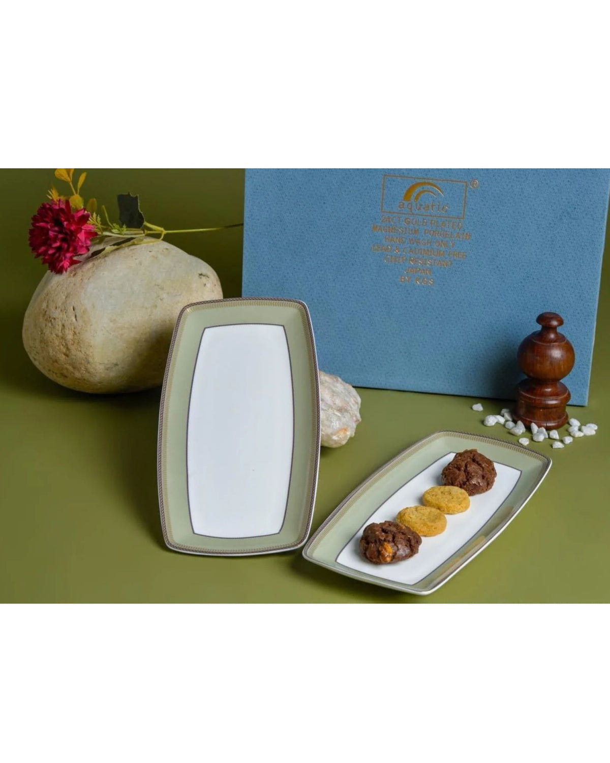 Premsons® Set of 2 Rectangular Porcelain Serving Plates with Sage Green and Gold Border