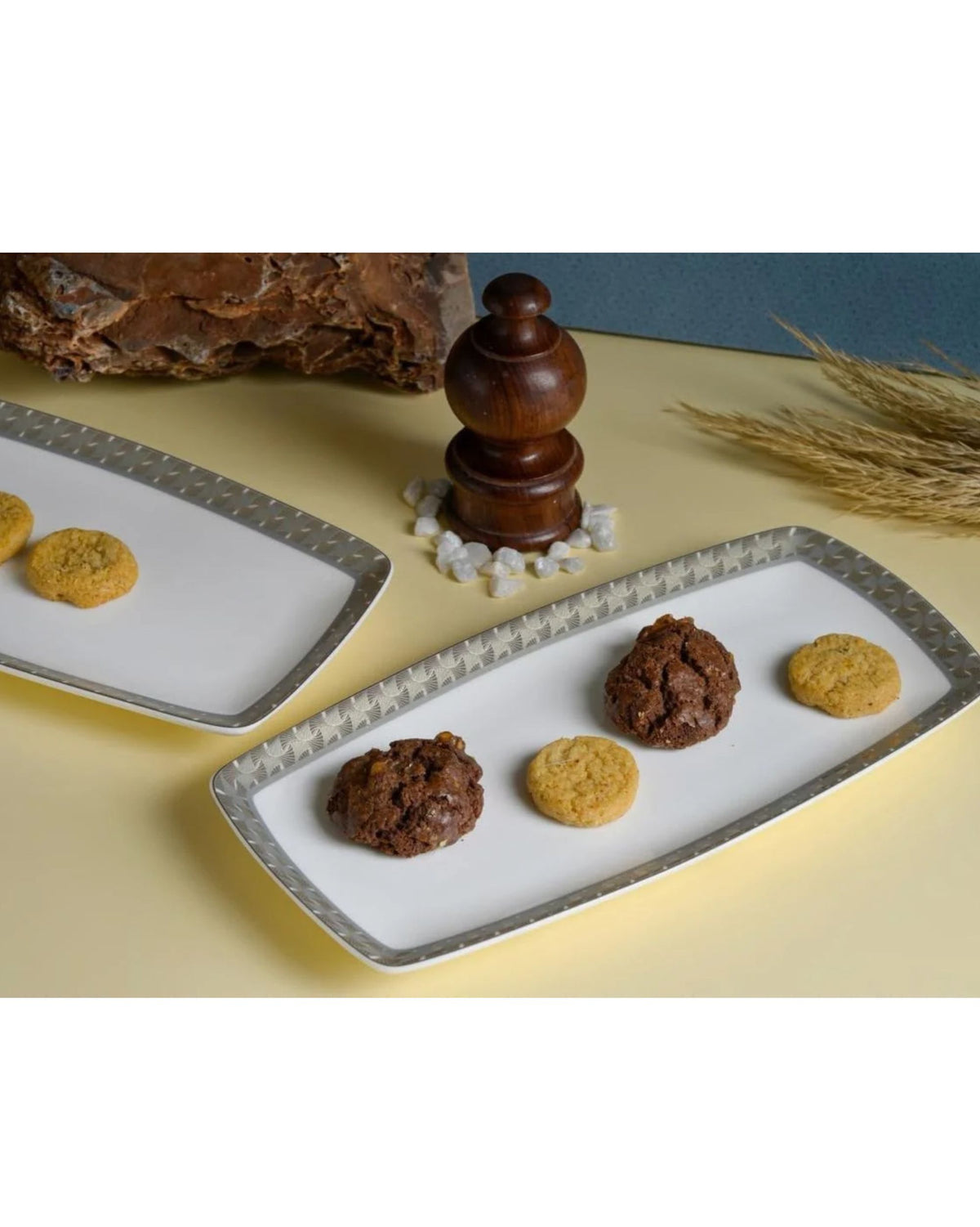 Premsons® Set of 2 Rectangular Porcelain Serving Plates with Silver Geometric Border