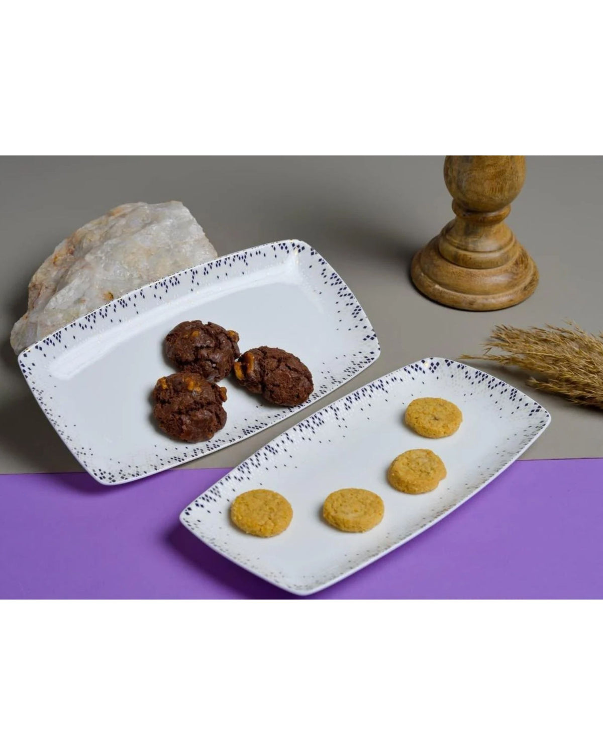 Premsons® Set of 2 Rectangular Porcelain Serving Plates with Blue and Gold Mosaic Border