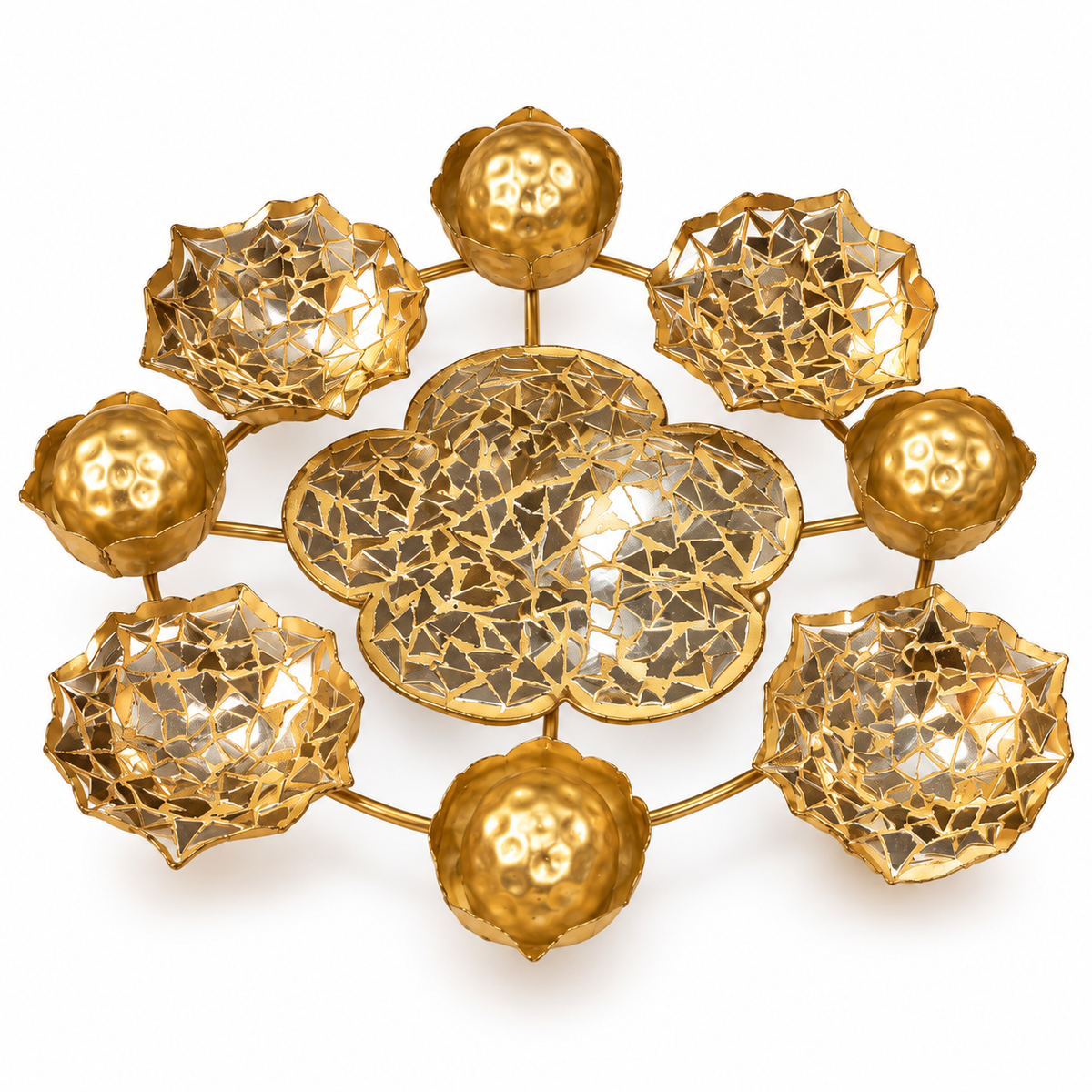 Premsons® Gold-Tone Decorative Floral Urli Set with Geometric Mosaic Flowers & Hammered Metal Bowls