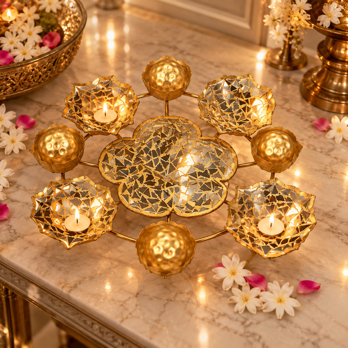 Premsons® Gold-Tone Decorative Floral Urli Set with Geometric Mosaic Flowers & Hammered Metal Bowls