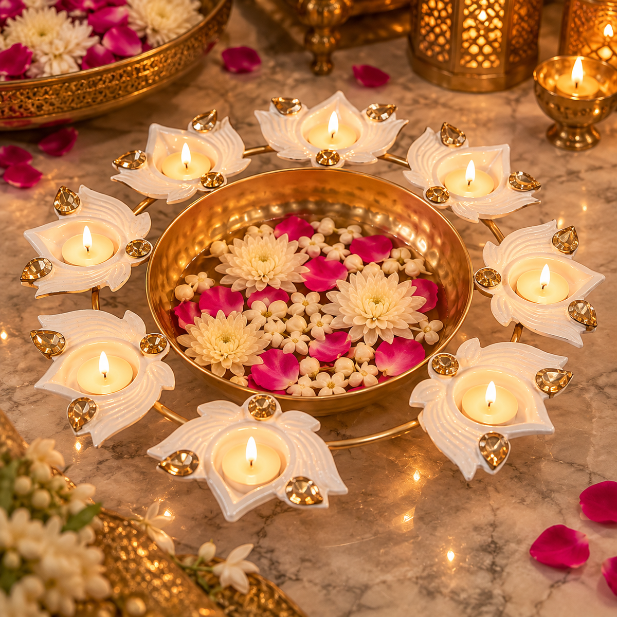 Premsons® Gold-Tone Decorative Urli with White Lotus Diya Holders, Gemstone Accents & Hammered Bowl Centrepiece(small size)