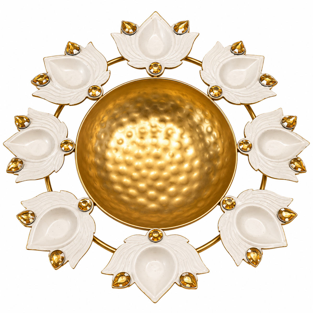 Premsons® Gold-Tone Decorative Urli with White Lotus Diya Holders, Gemstone Accents & Hammered Bowl Centrepiece(small size)