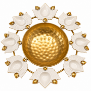 Premsons® Gold-Tone Decorative Urli with White Lotus Diya Holders, Gemstone Accents & Hammered Bowl Centrepiece