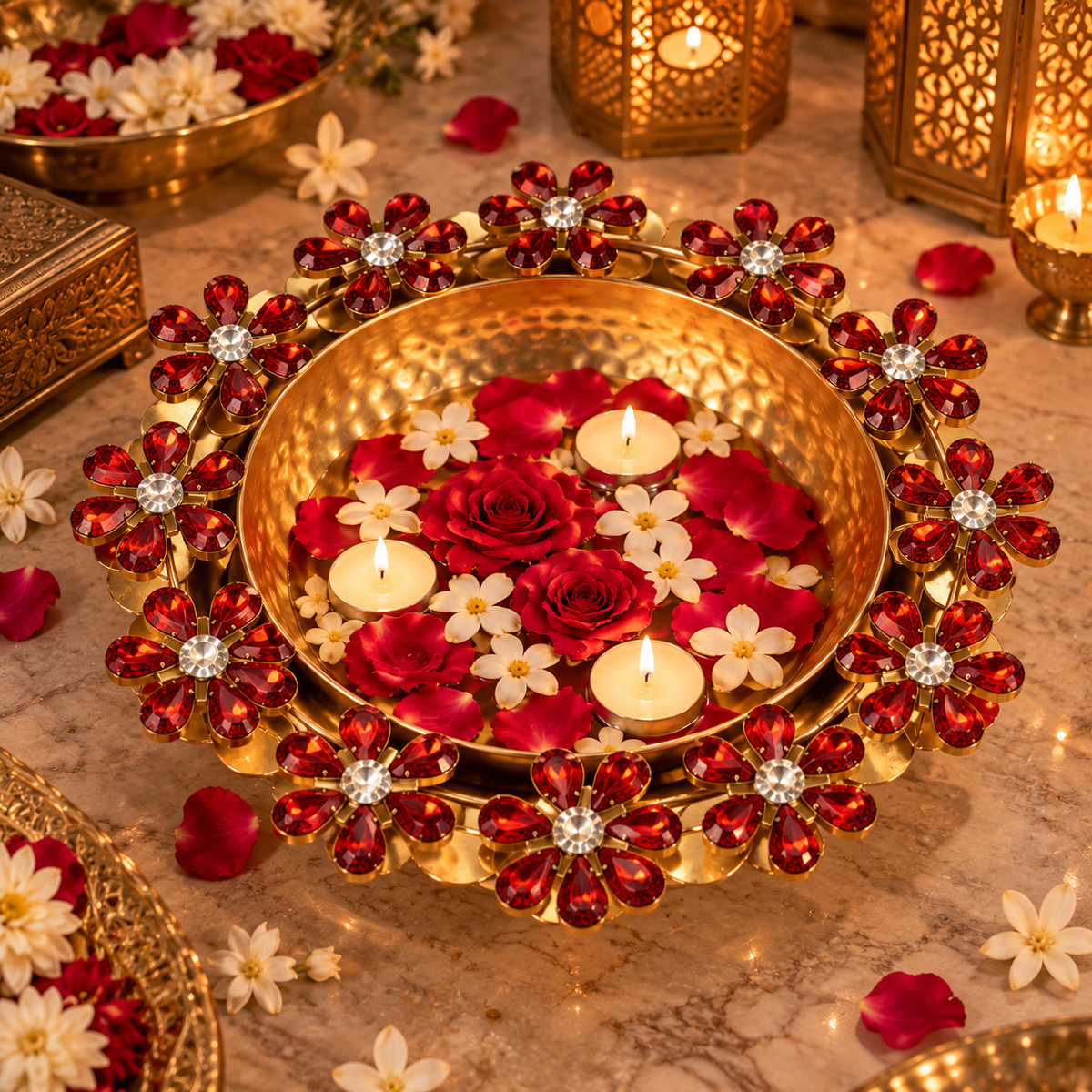 Premsons® Gold-Tone Decorative Urli with Red Gemstone Floral Embellishments & Hammered Bowl Design