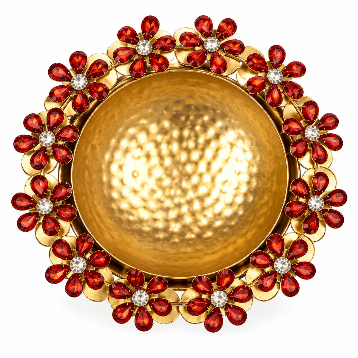 Premsons® Gold-Tone Decorative Urli with Red Gemstone Floral Embellishments & Hammered Bowl Design