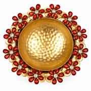 Premsons® Gold-Tone Decorative Urli with Red Gemstone Floral Embellishments & Hammered Bowl Design