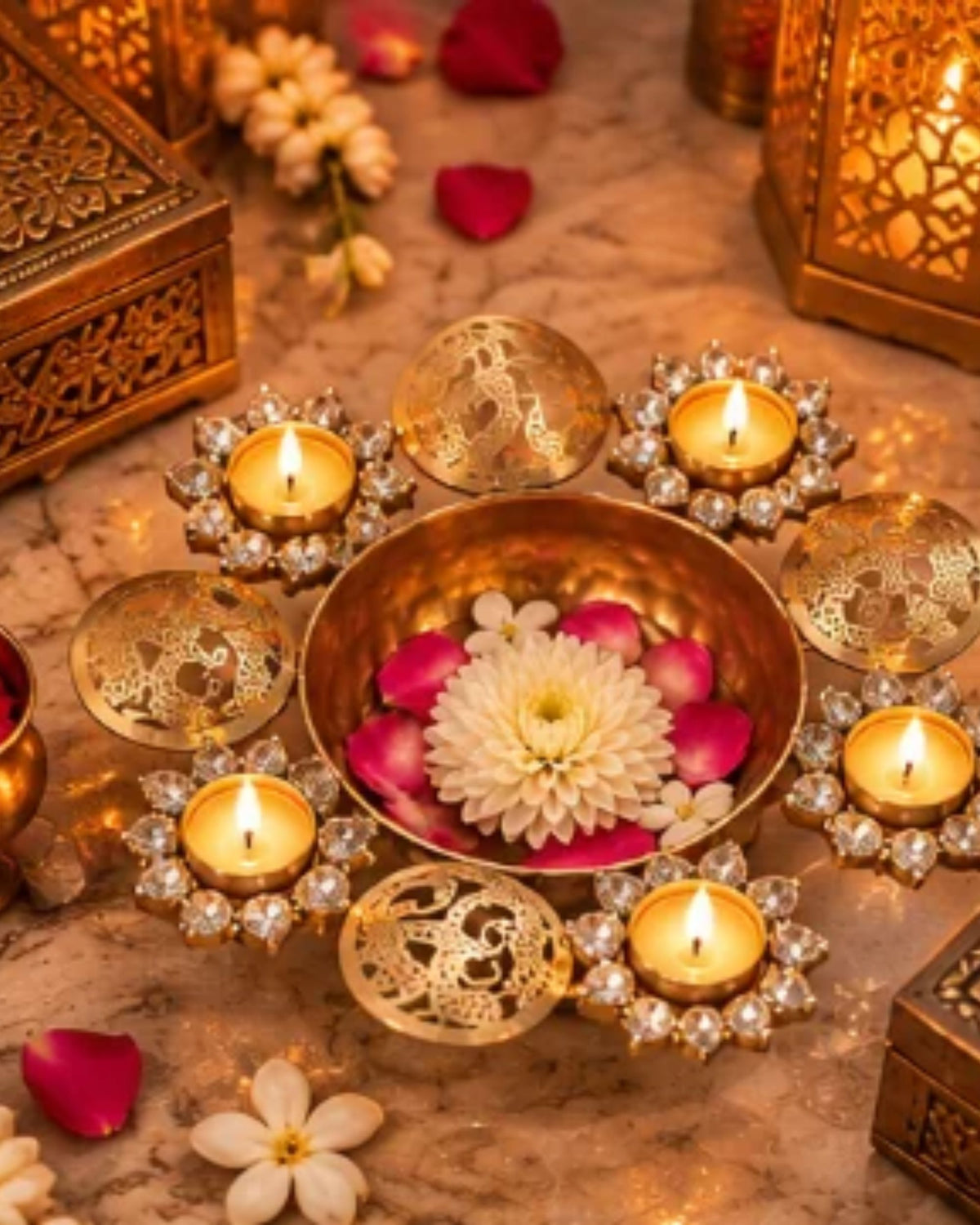 Premsons® Gold-Tone Decorative Urli Set with Hammered Bowls, Silver-Tone Floral Accents & Ornate Filigree Design