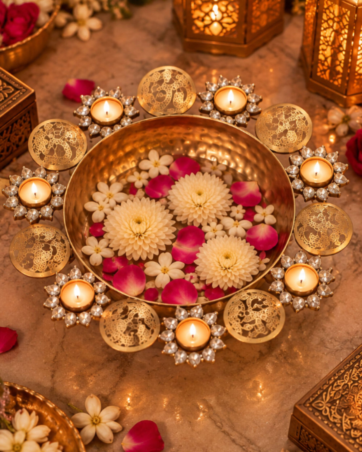 Premsons® gold-tone urli set with hammered bowl and ornate filigree candle holders