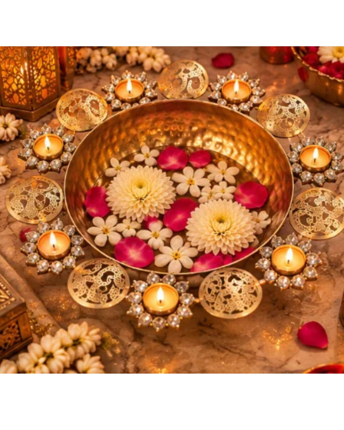 Premsons® decorative urli set arranged around a hammered bowl with floral filigree details