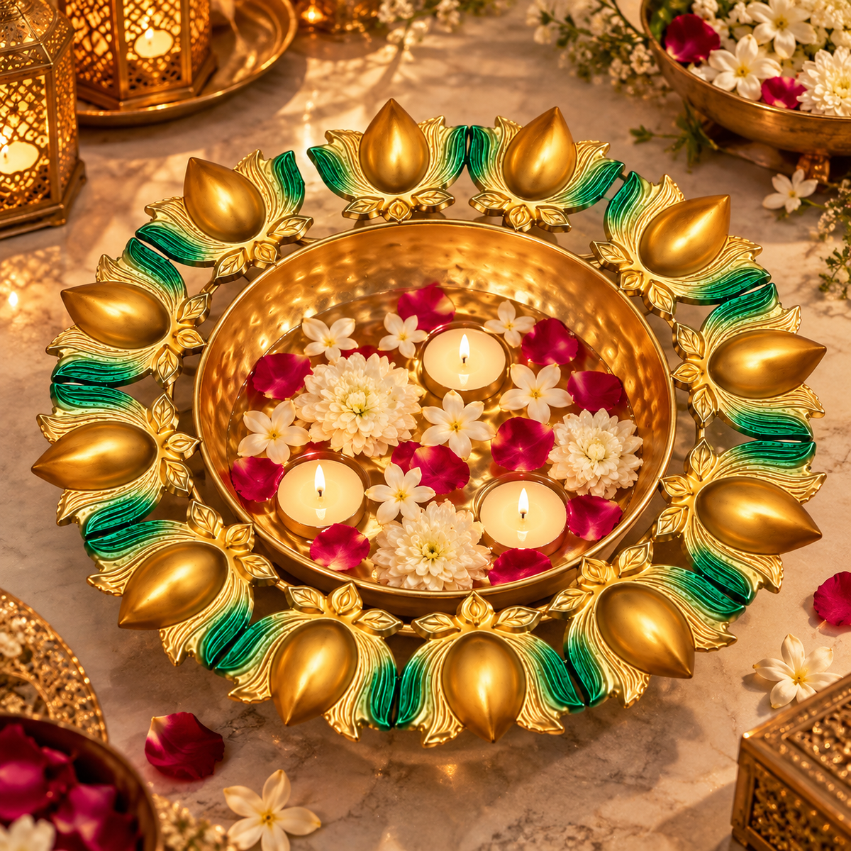Premsons® lotus urli filled with floating flowers and three candles