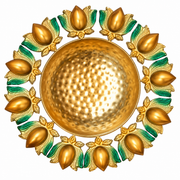 Premsons® gold-tone lotus urli with a hammered bowl and green and gold lotus motifs