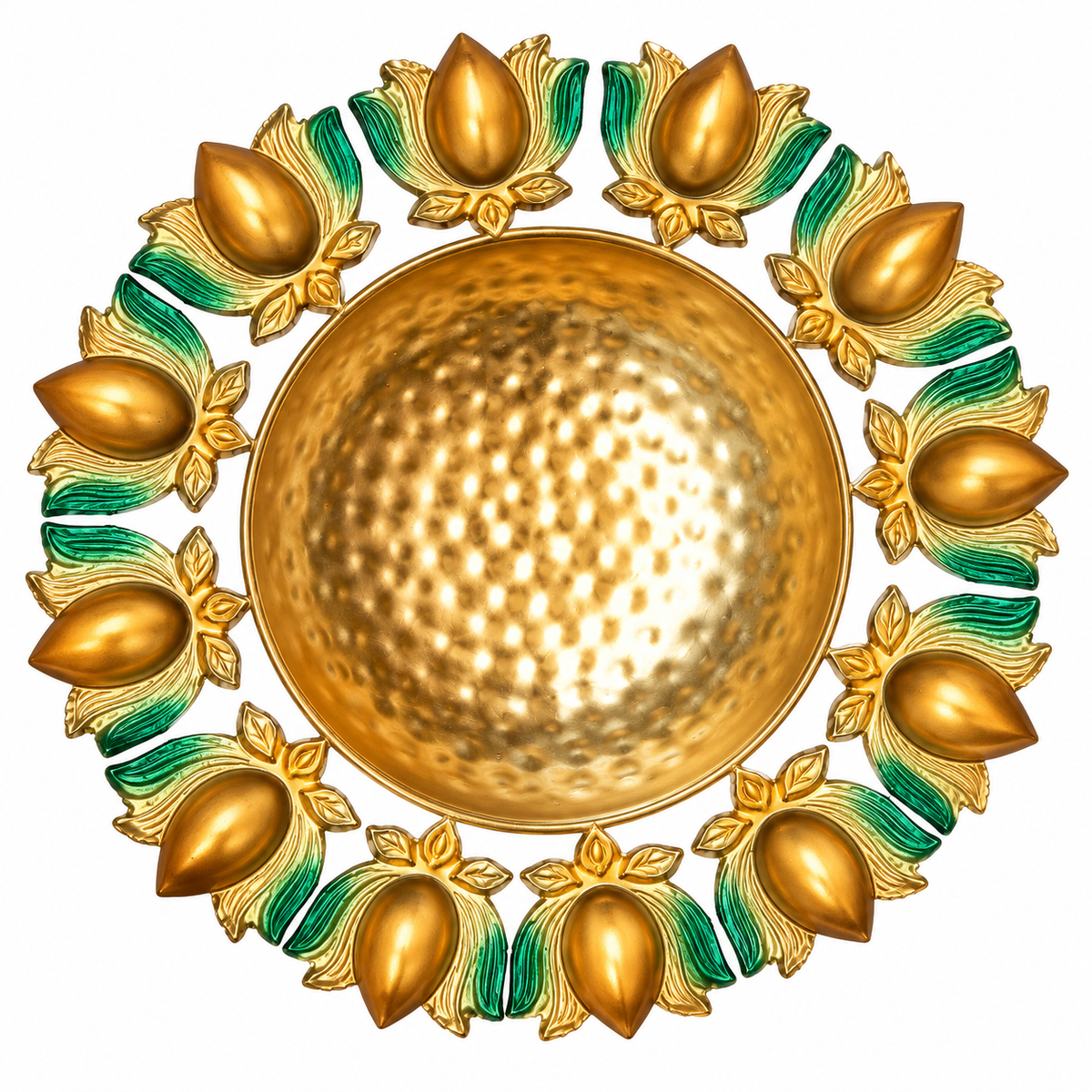Premsons® gold-tone lotus urli with a hammered bowl and green and gold lotus motifs
