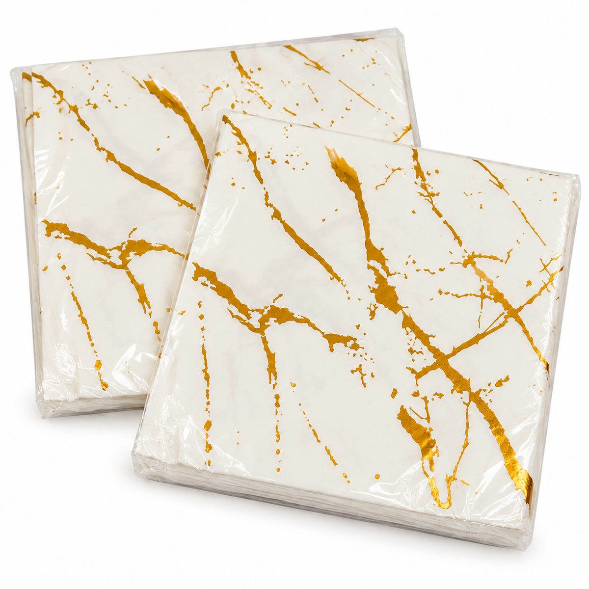Premsons® Pack of 2 White Tissue Paper Napkins with Gold Marble Vein Design, 34 × 34 cm, Decorative Dinner & Party Serviettes