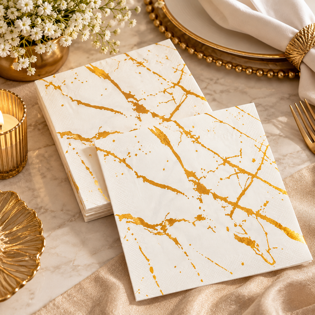 Premsons® Pack of 2 White Tissue Paper Napkins with Gold Marble Vein Design, 34 × 34 cm, Decorative Dinner & Party Serviettes
