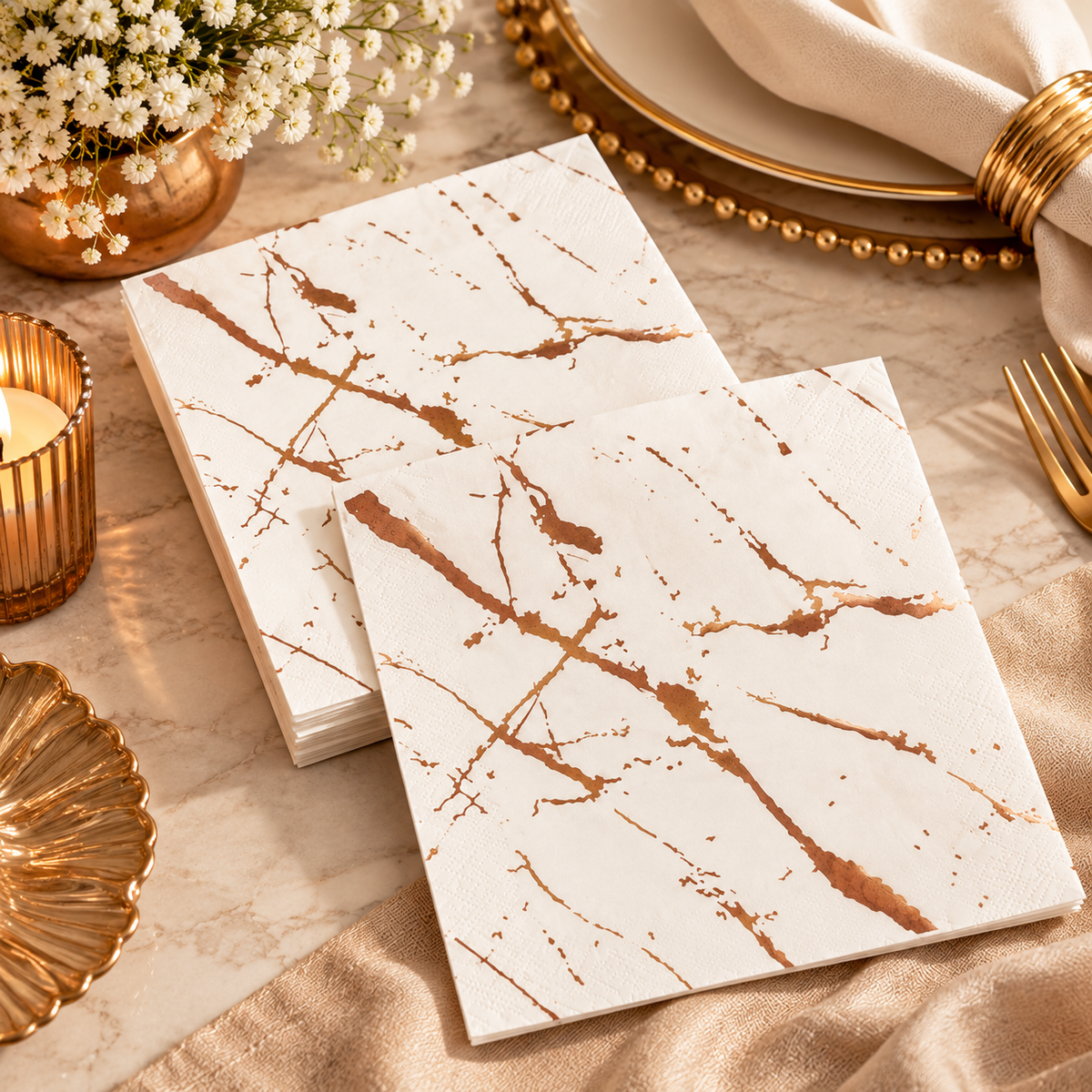 Premsons® Pack of 2 White Tissue Paper Napkins with Rose Gold Marble Vein Design, 34 × 34 cm, Decorative Dinner & Party Serviettes