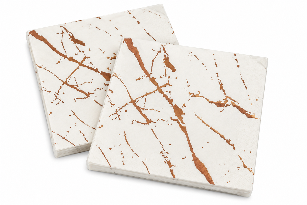 Premsons® Pack of 2 White Tissue Paper Napkins with Rose Gold Marble Vein Design, 34 × 34 cm, Decorative Dinner & Party Serviettes