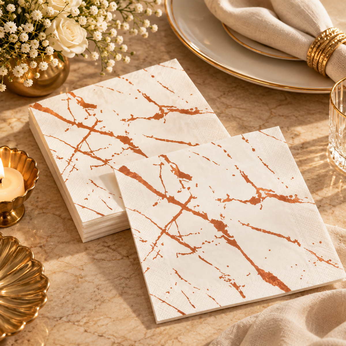 Premsons® Pack of 2 Marble Print Tissue Napkins in Ivory & Copper Rose Gold, 34 × 34 cm, Elegant Table Serviettes
