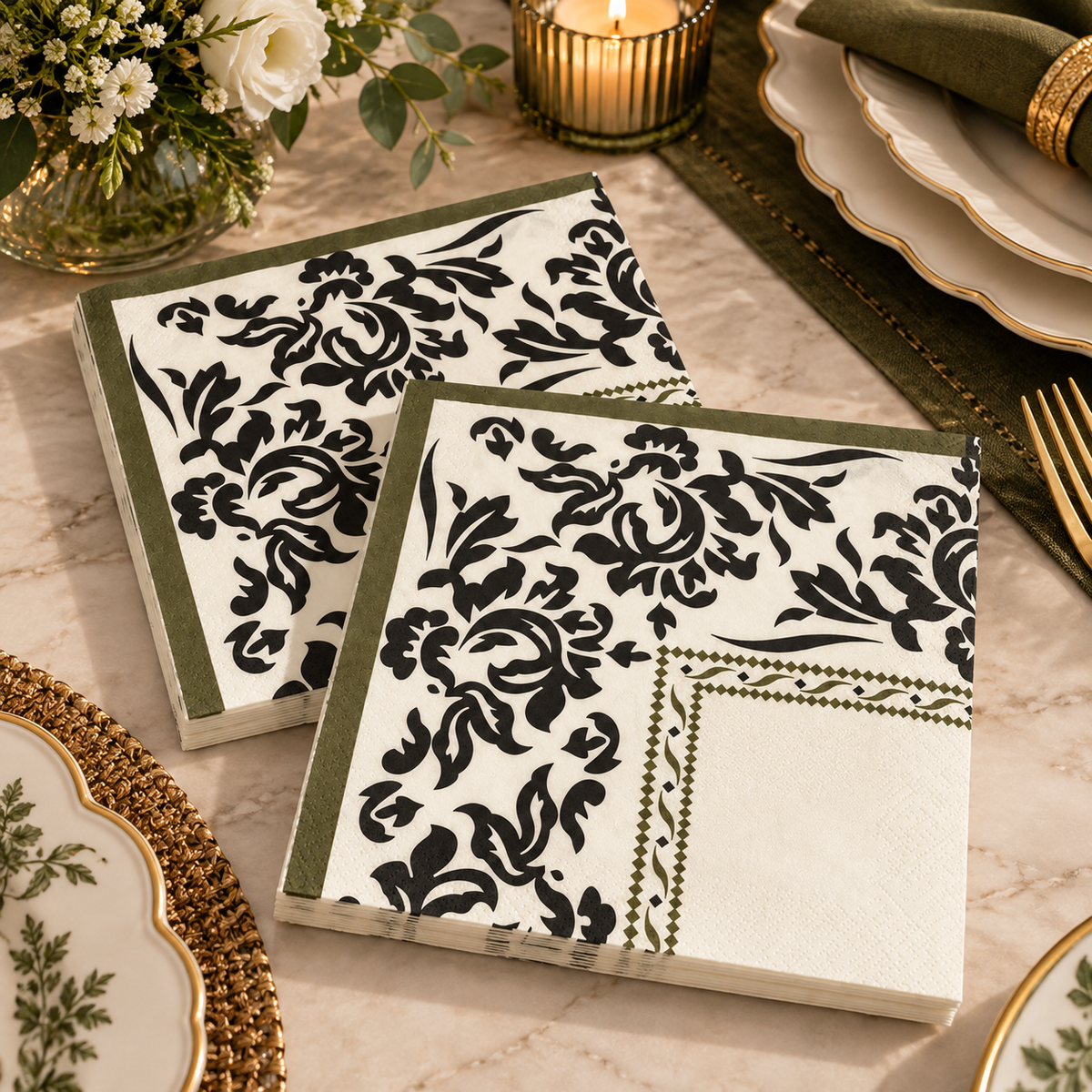 Premsons® Pack of 2 Ivory Tissue Paper Napkins with Black Damask Floral Print & Olive Green Border, 34 × 34 cm