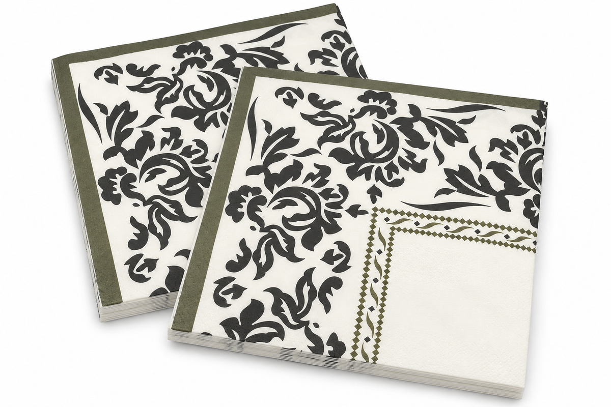 Premsons® Pack of 2 Ivory Tissue Paper Napkins with Black Damask Floral Print & Olive Green Border, 34 × 34 cm